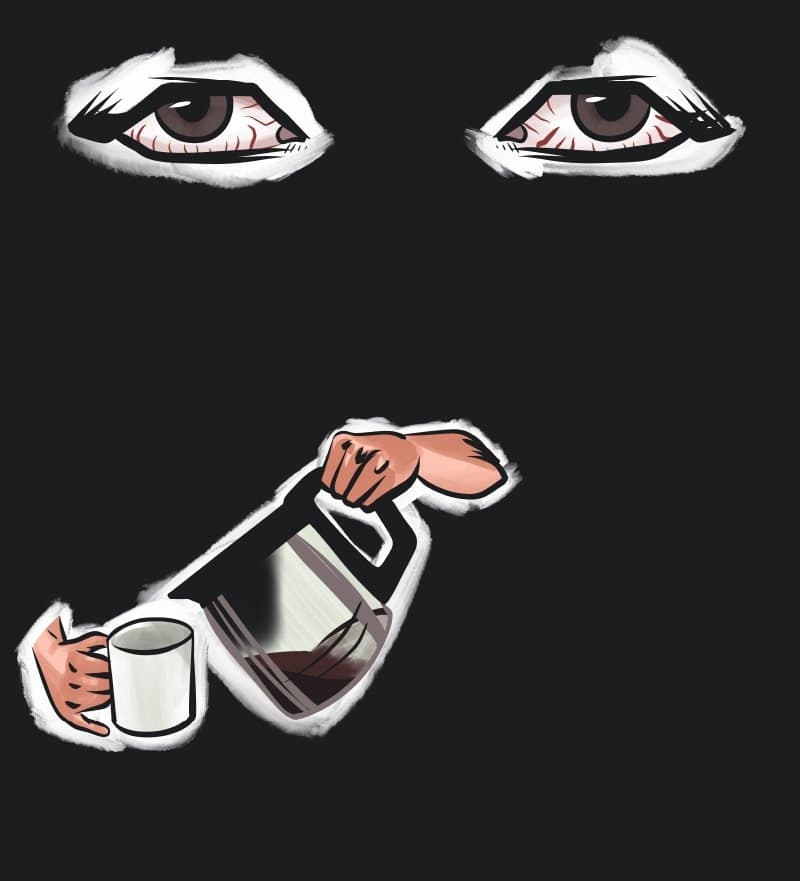 Mourning Joe: bloodshot eyes over a pot of coffee being poured