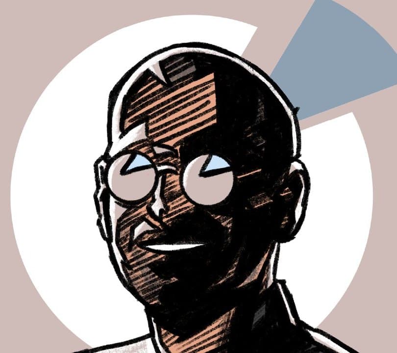Problems After Death: a bespectacled tech founder, drawn in bold ink
