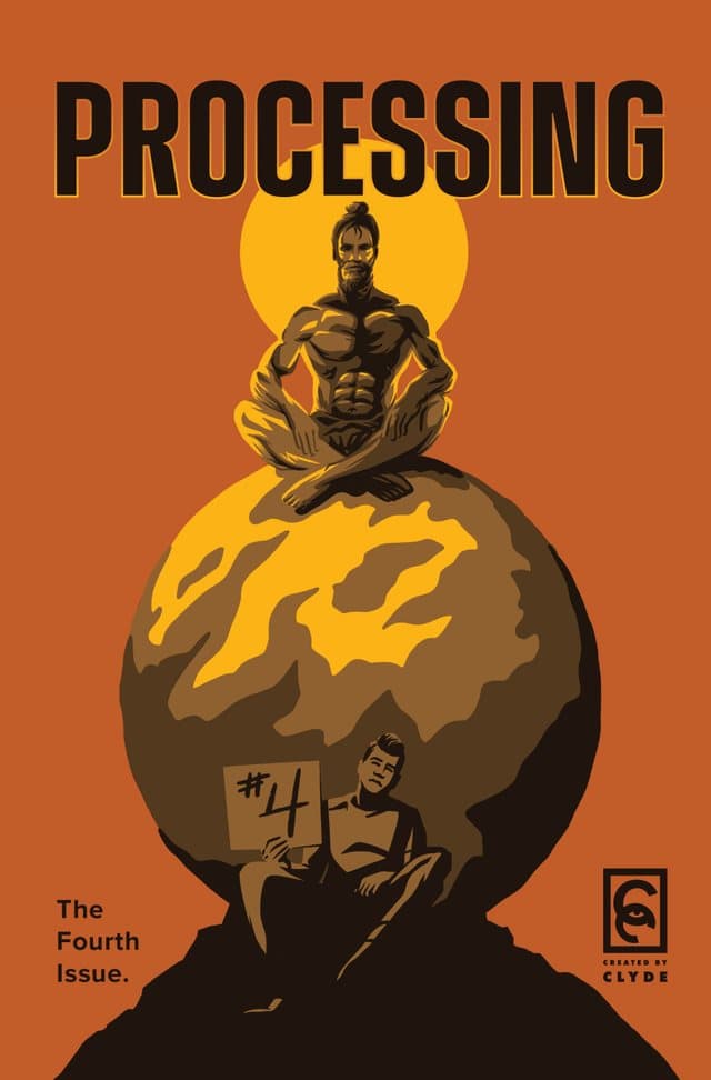 Processing #4 cover preview: a figure meditating atop a boulder under an orange sky